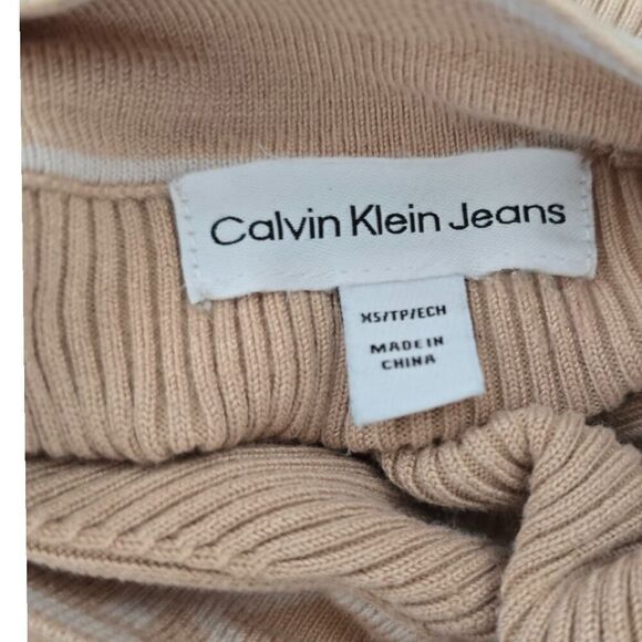 Calvin Klein Ribbed Mock Neck Sweater XS Camel Neutral Minimalist Knit Top - Picture 3 of 5